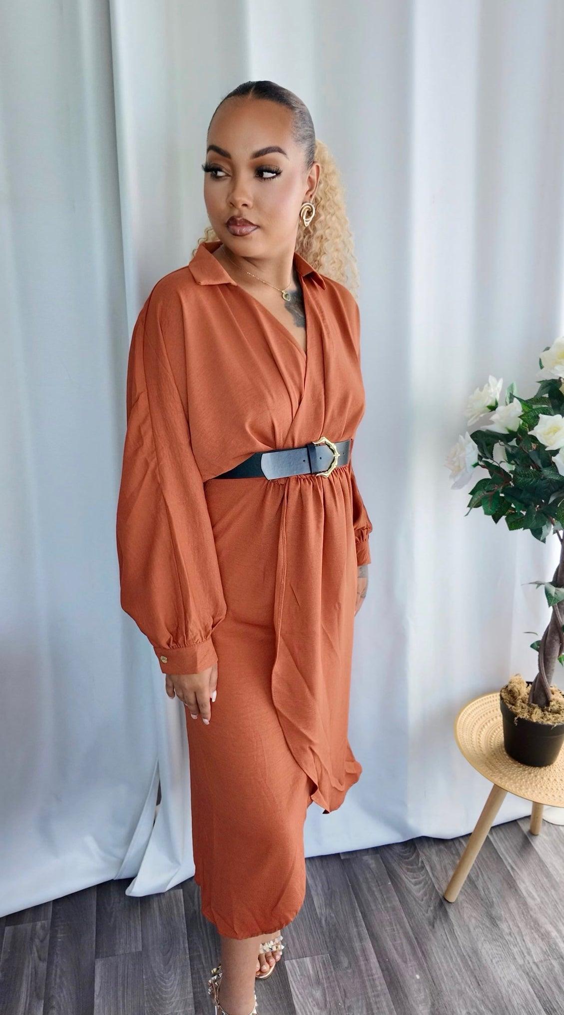 Robe blazer marron à col chemise double boutonnage et ceinture