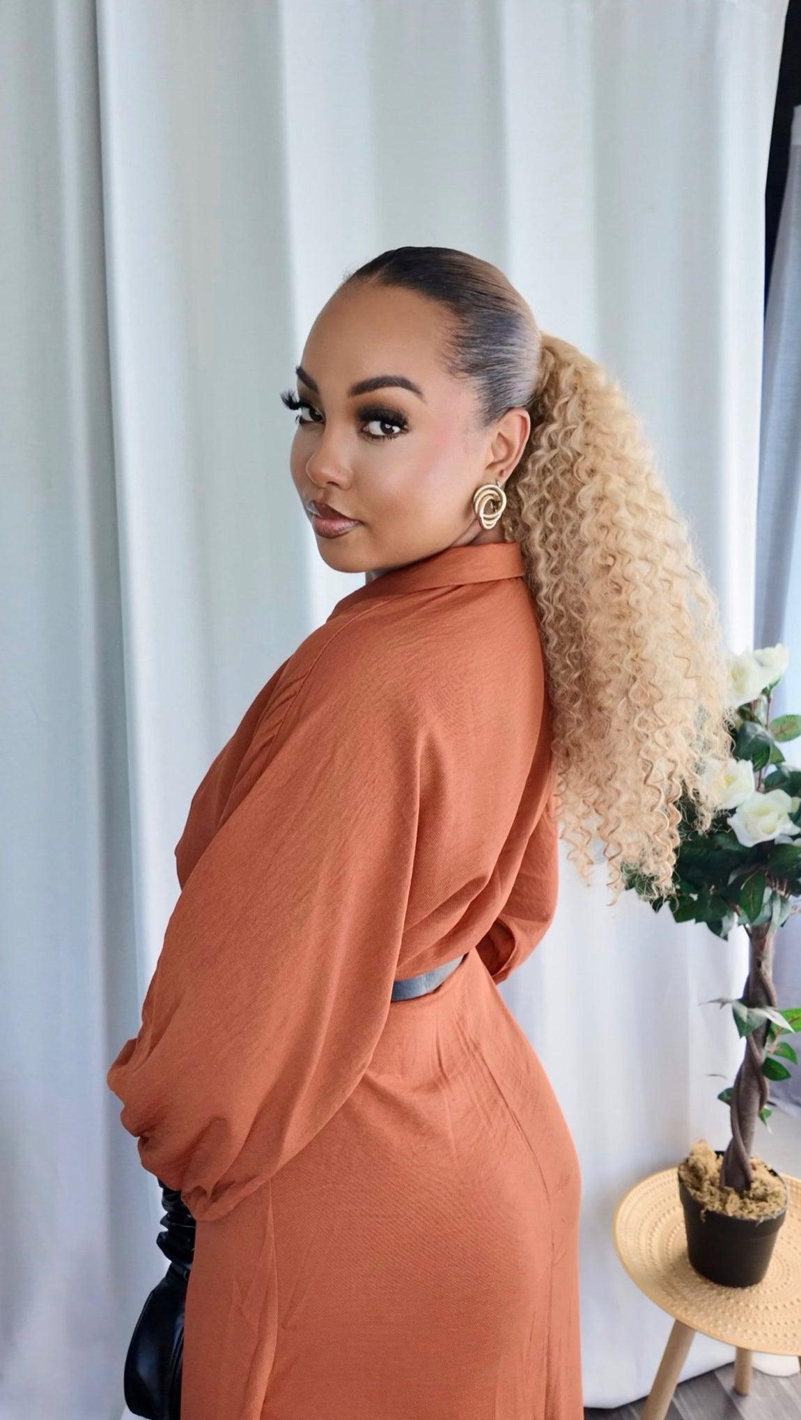 Robe blazer marron à col chemise double boutonnage et ceinture