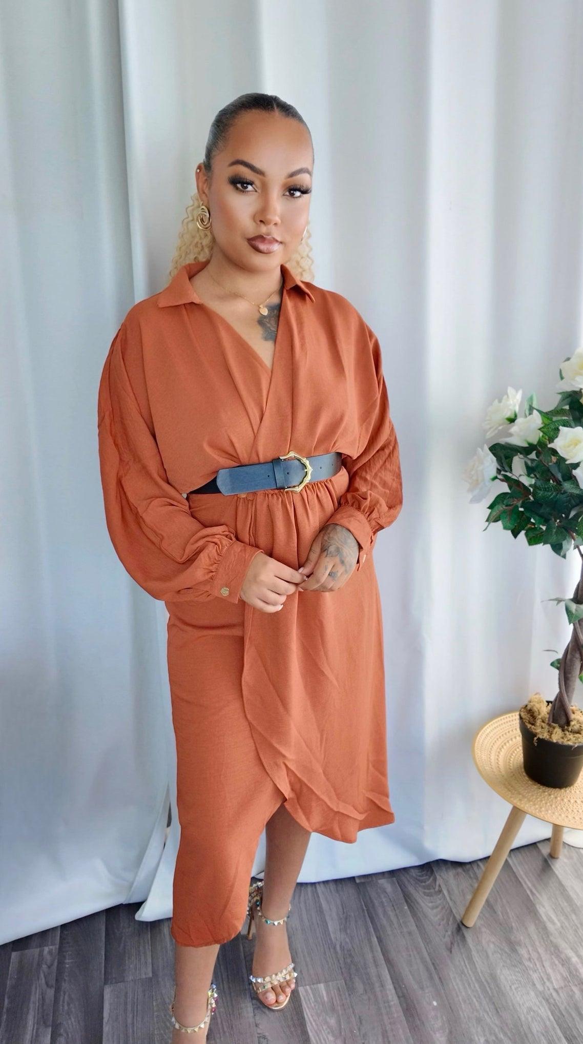 Robe blazer marron à col chemise double boutonnage et ceinture