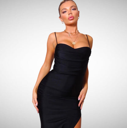 Robe longue bustier noire fendue style élégant
