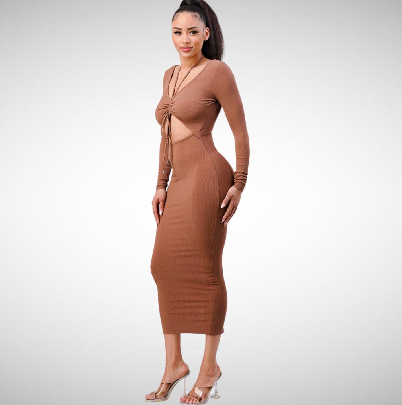 Robe à Manches Longues – Robe moulante mocha à décolleté lacé