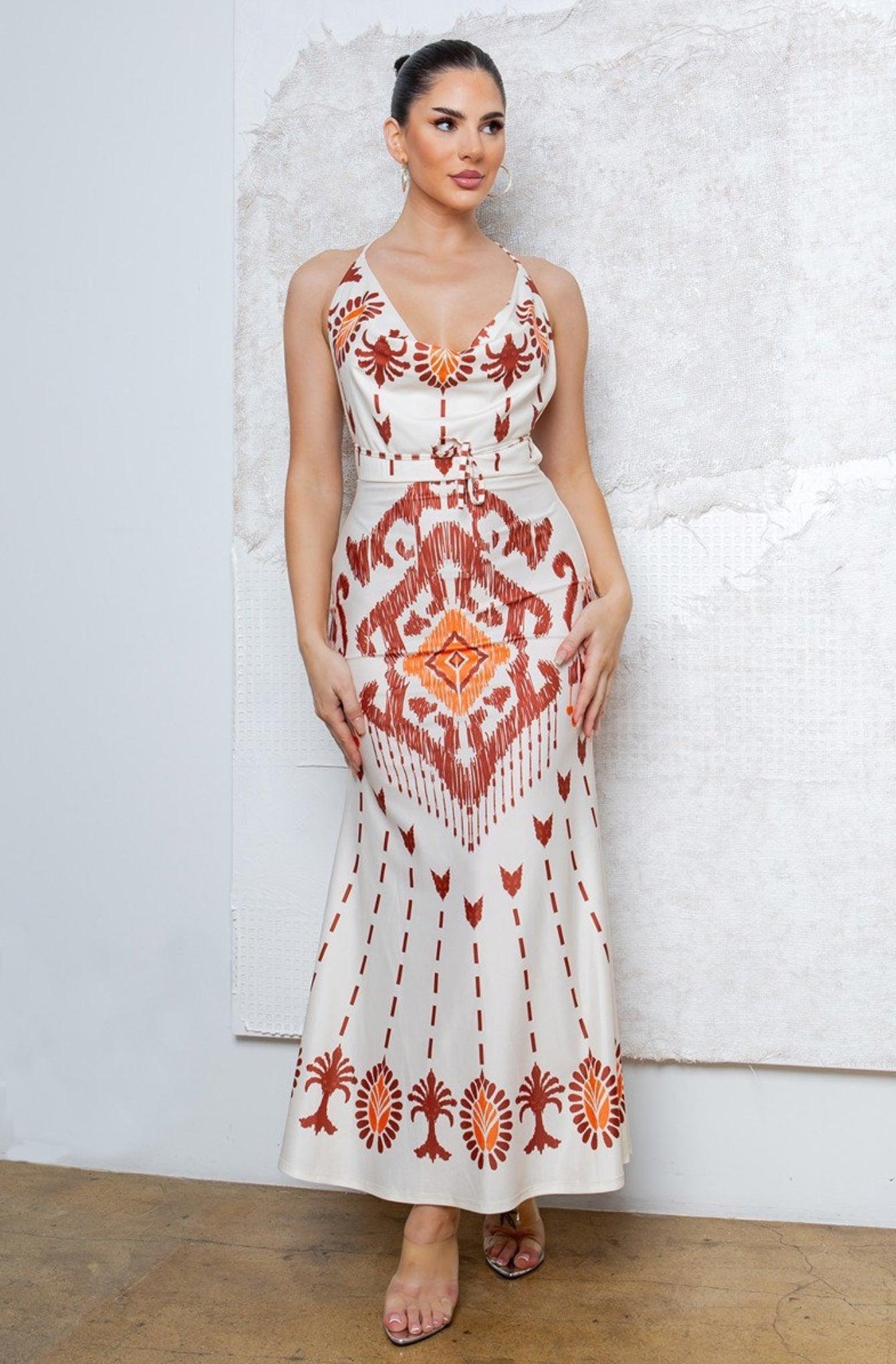 Robe longue fluide imprimée boho dos nu croisé