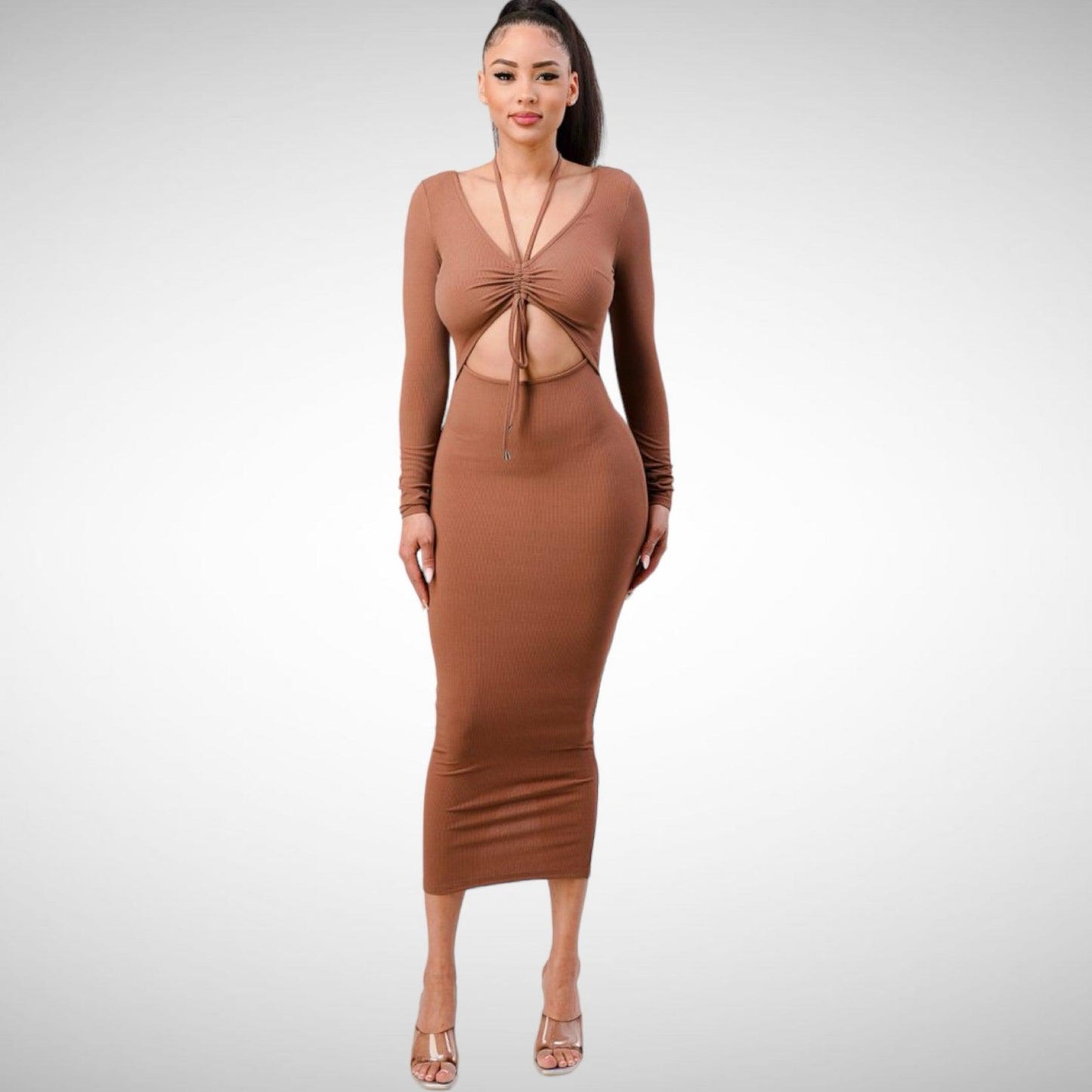 Robe moulante marron mocha à manches longues et laçage