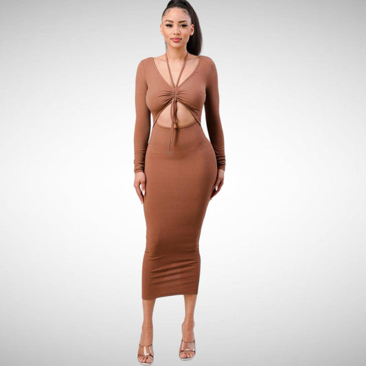 Robe moulante marron mocha à manches longues et laçage