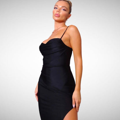 Robe longue bustier noire fendue style élégant
