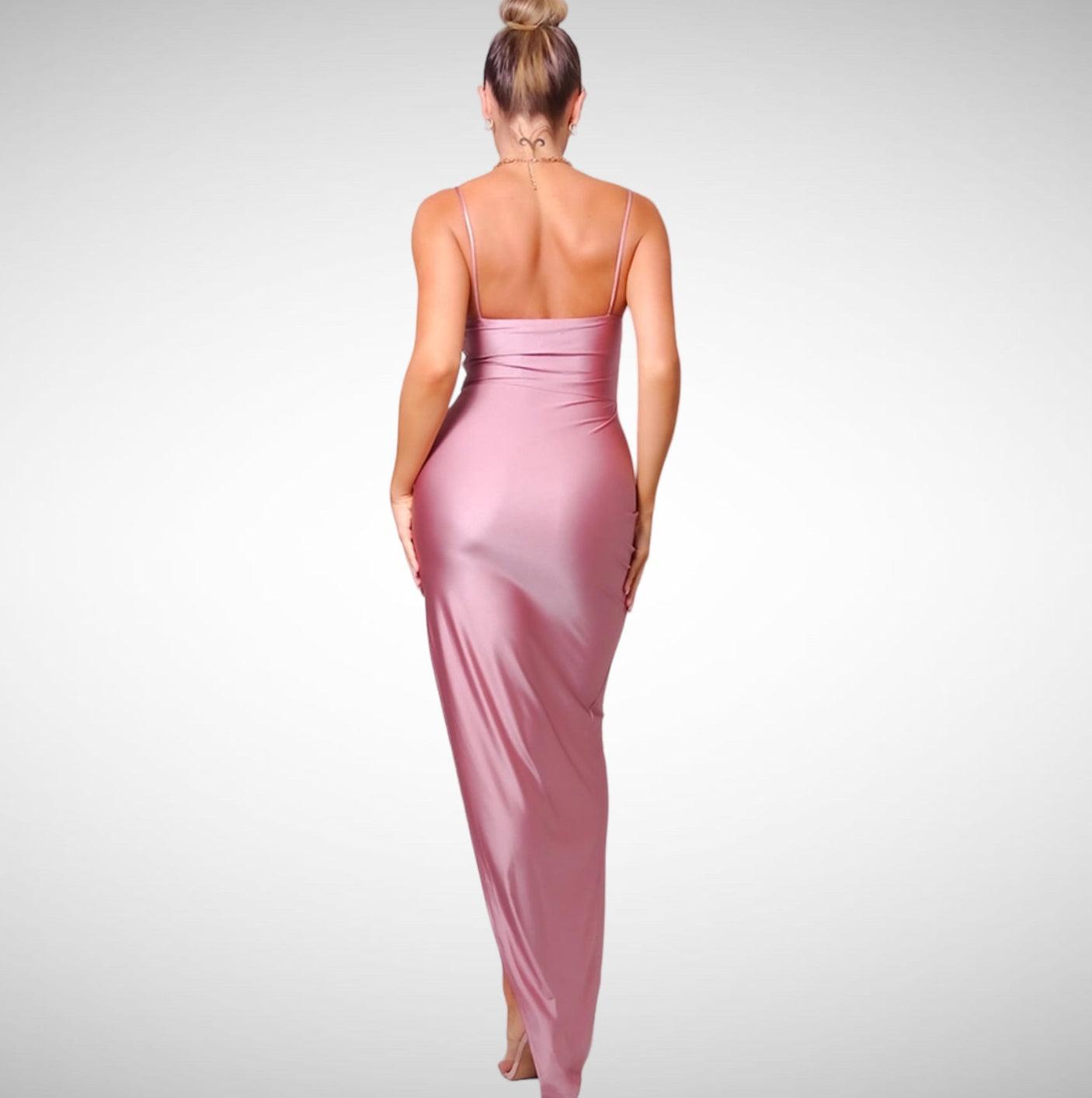 Robe longue bustier rose fendue style élégant