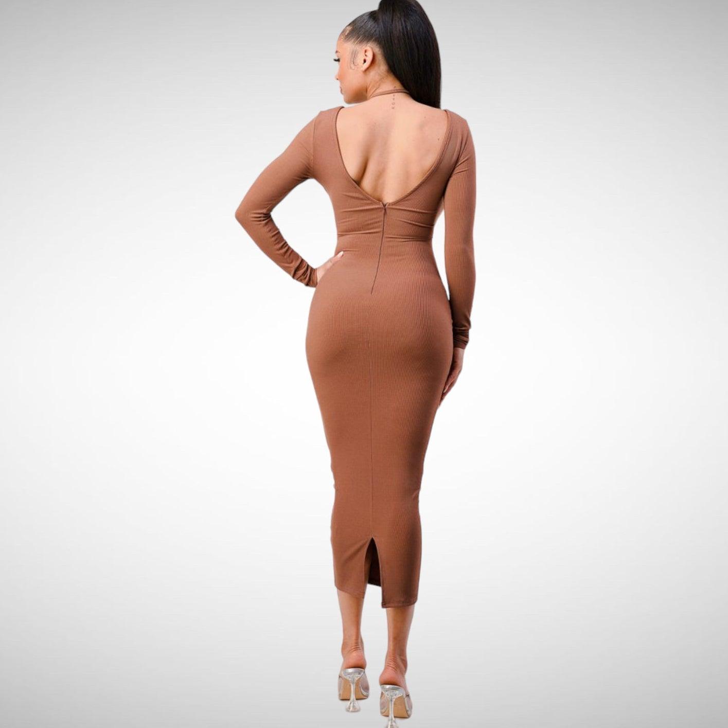 Robe à Manches Longues – Robe moulante mocha à décolleté lacé