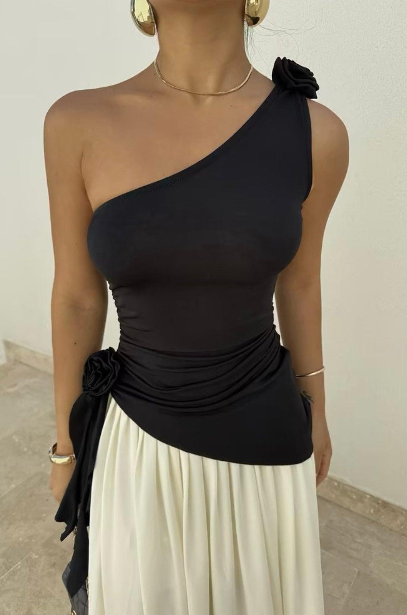 Haut noir asymétrique à une épaule pour femme, style élégant 